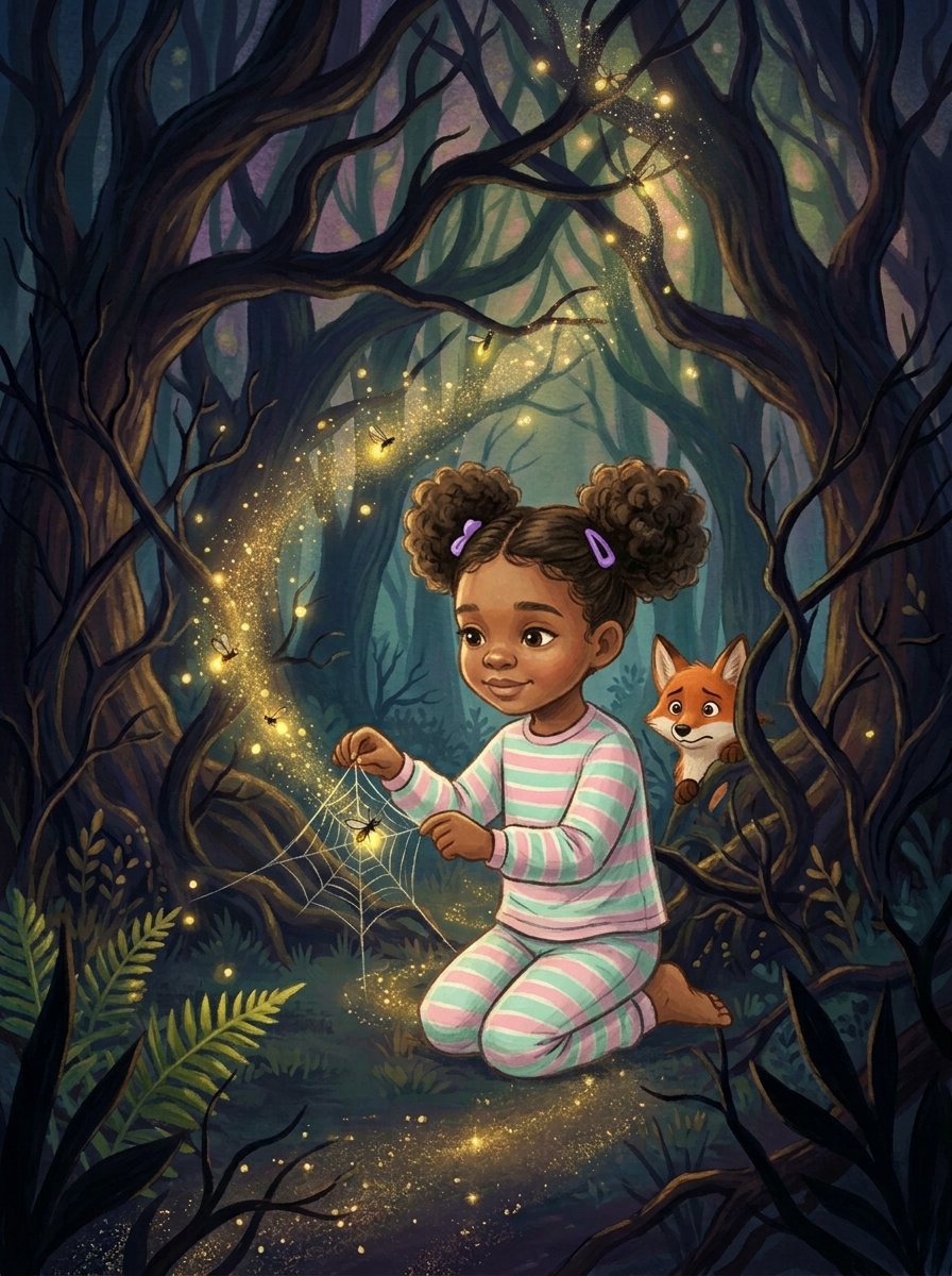 A finished spread from Abby's hardcover book showing her in a magical forest with the fox