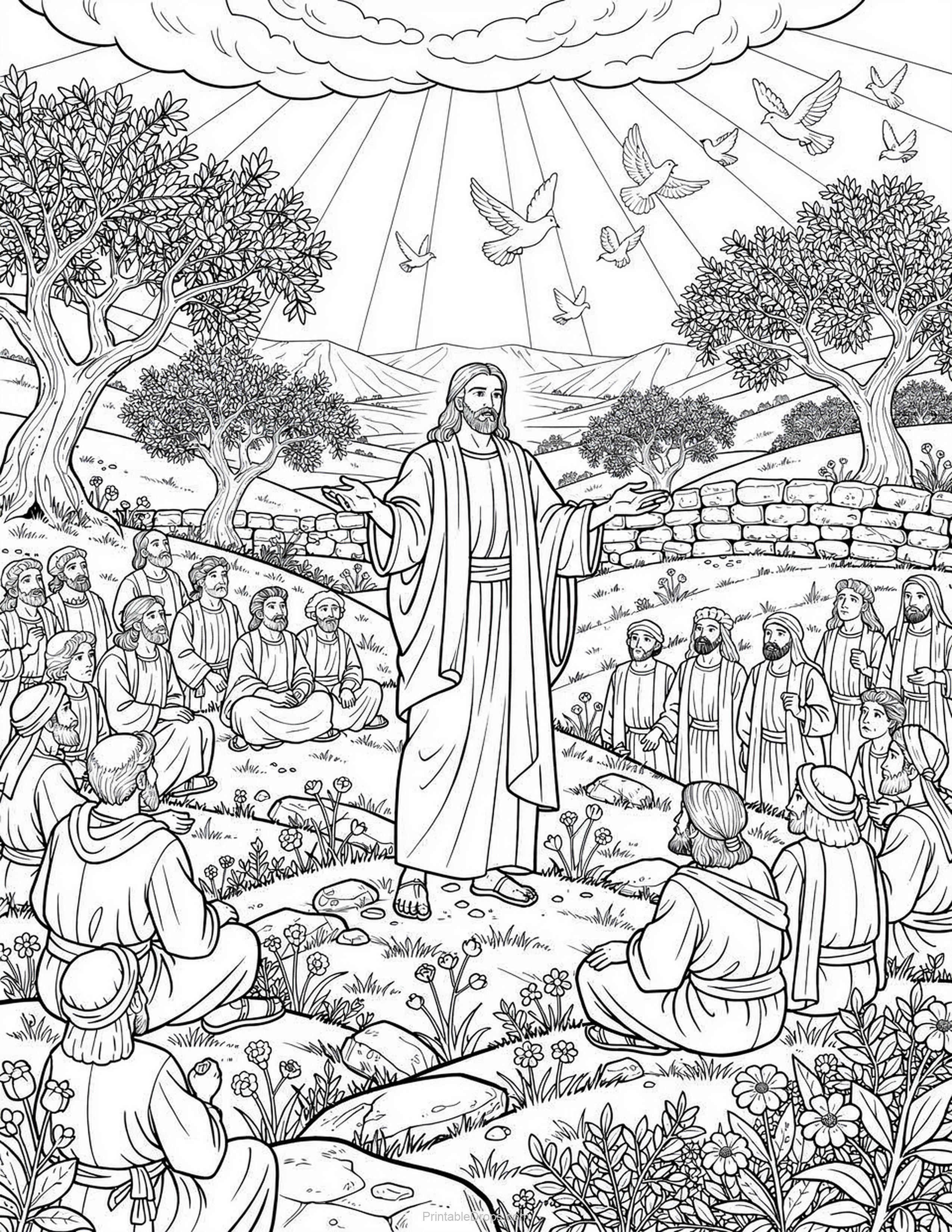 Bible Sermon on the Mount coloring page for kids and adults