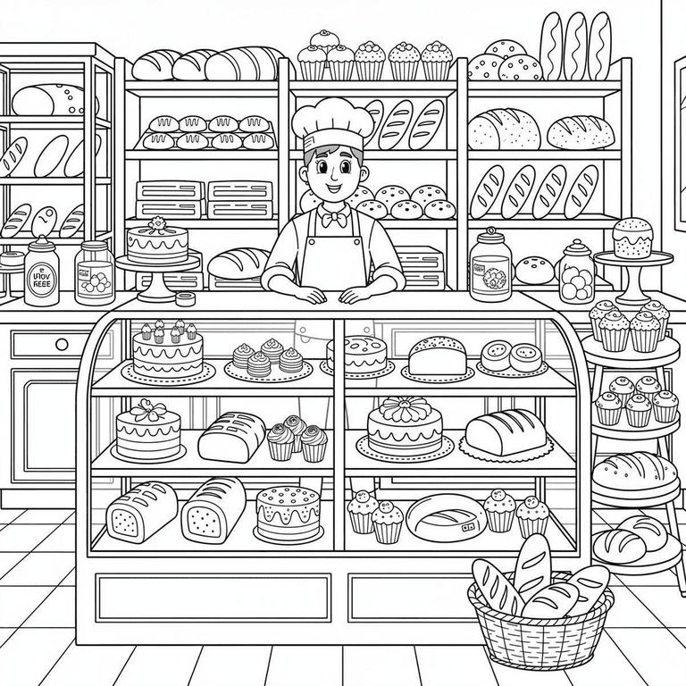 Cozy Bakery Shop coloring page for kids and adults