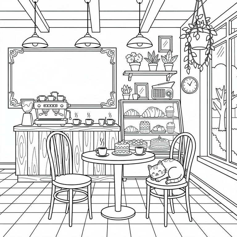Cozy Cafe coloring page for kids and adults
