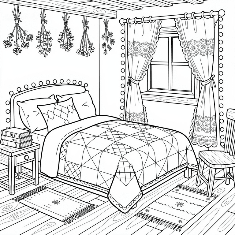 Cozy Cottage Bedroom coloring page for kids and adults