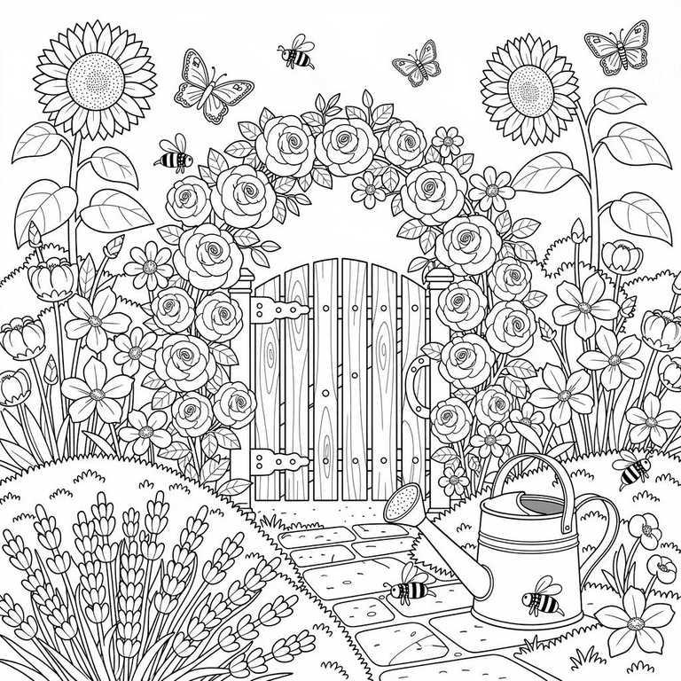 Cozy Cottage Garden coloring page for kids and adults