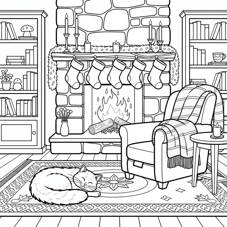 Cozy Fireplace coloring page for kids and adults