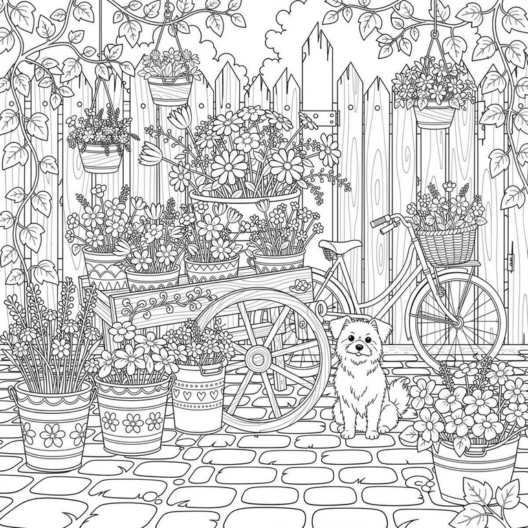 Cozy Flower Market coloring page for kids and adults