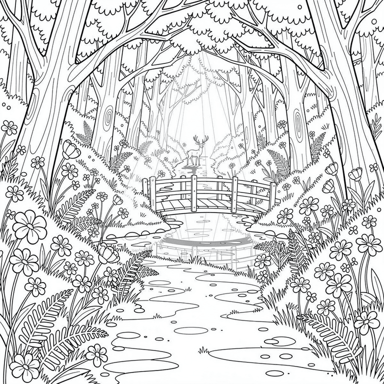 Cozy Forest Path coloring page for kids and adults