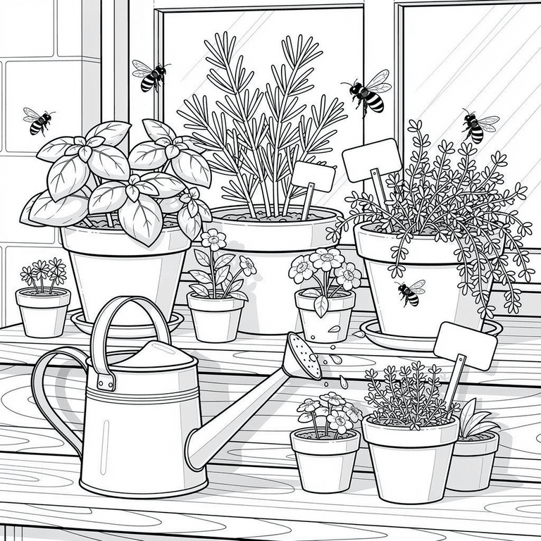 Cozy Herb Garden coloring page for kids and adults