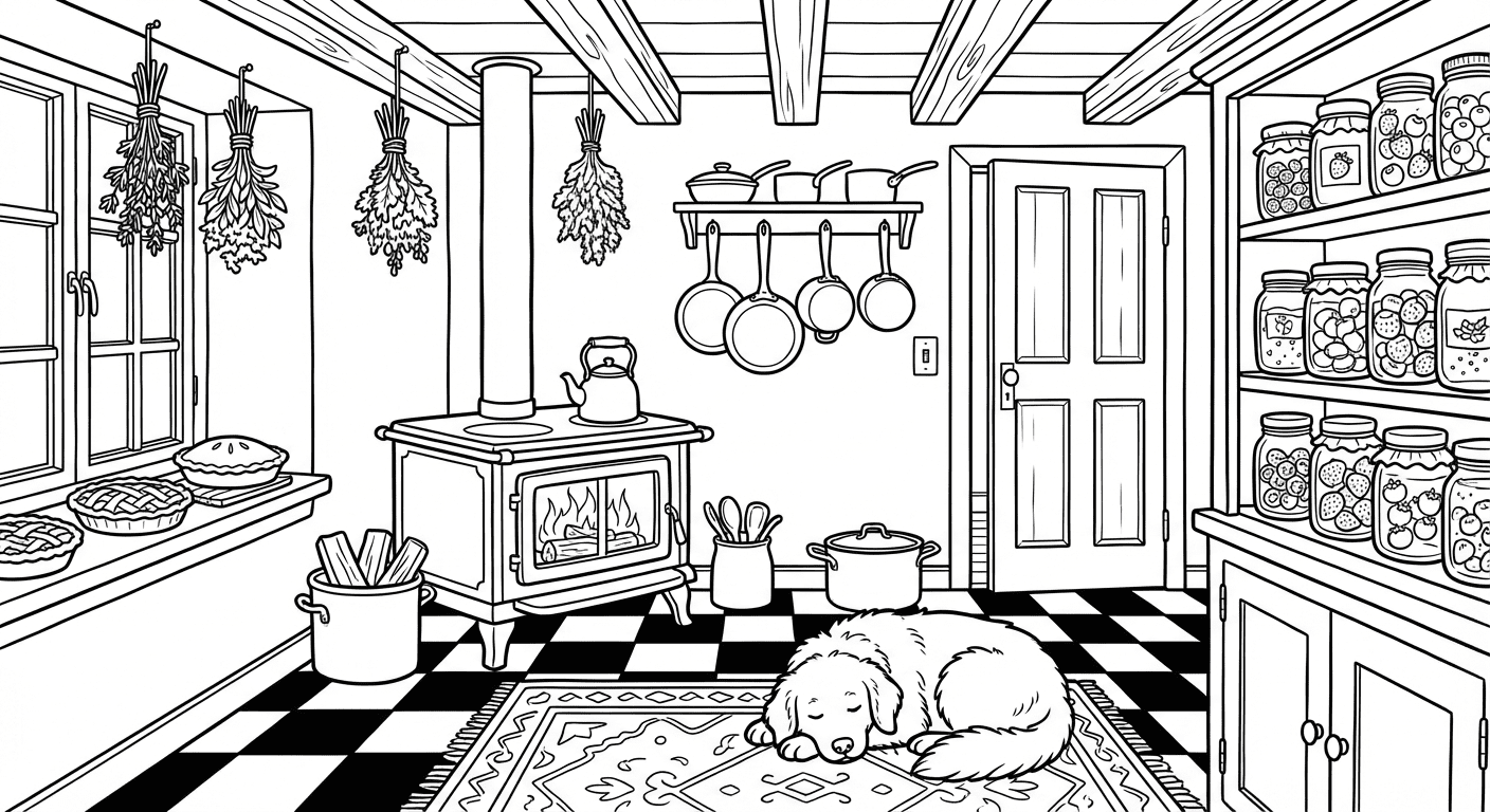 Cozy Kitchen coloring page for kids and adults