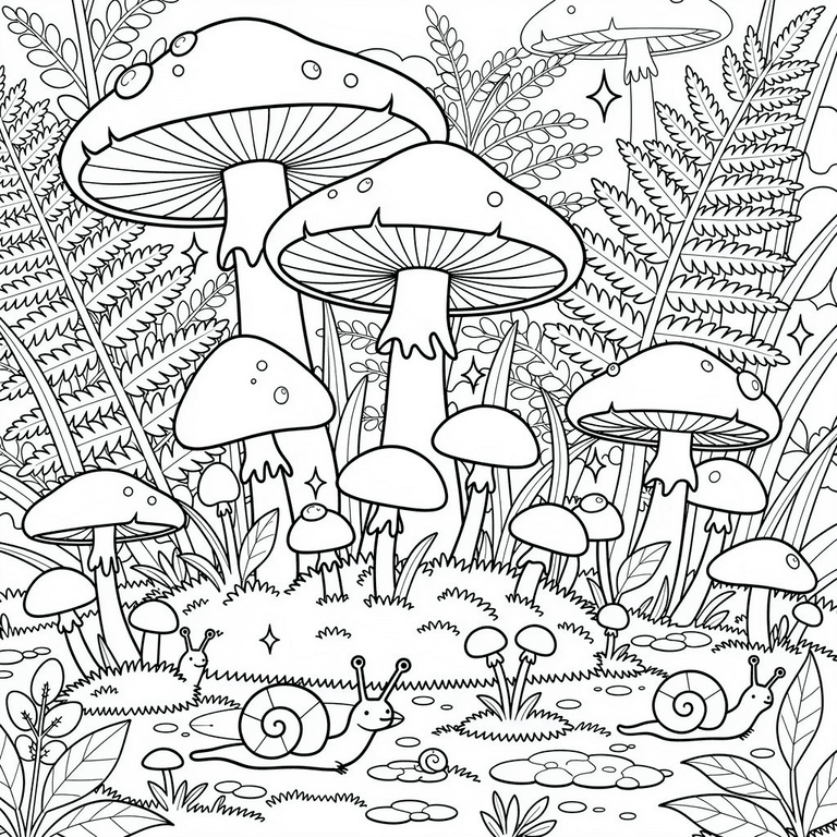 Cozy Mushroom Forest coloring page for kids and adults