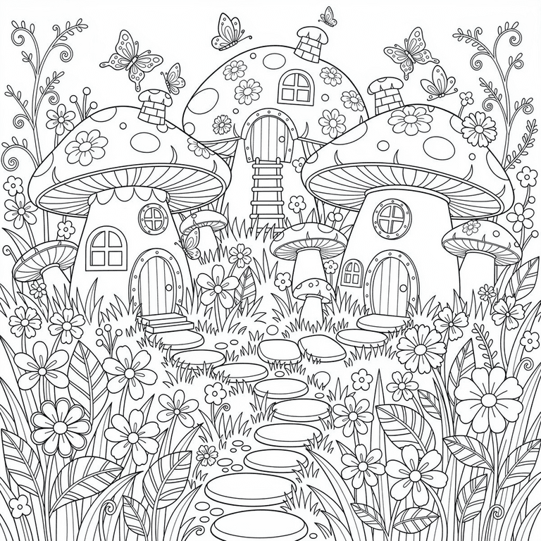 Cozy Mushroom House coloring page for kids and adults