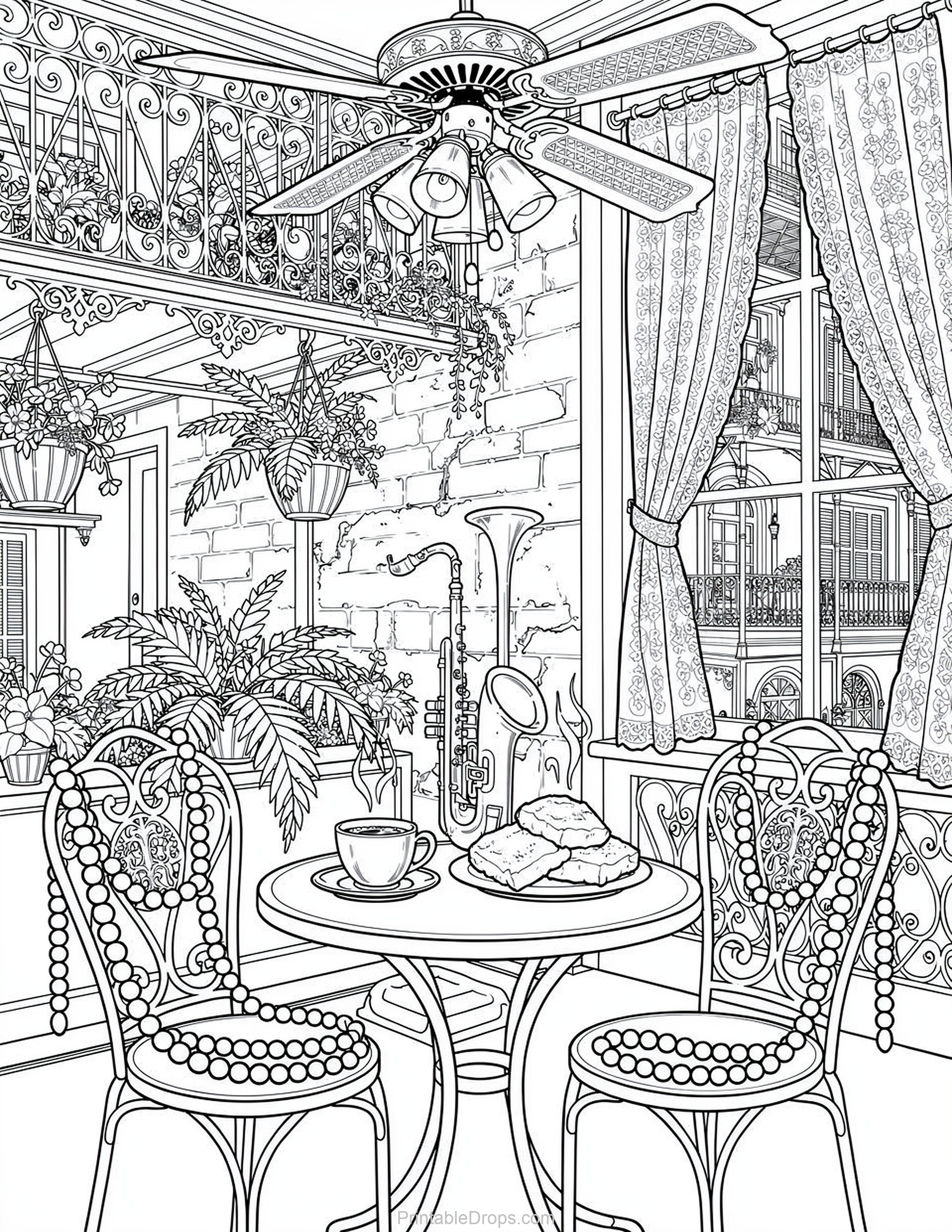 Cozy New Orleans Jazz Cafe coloring page for kids and adults