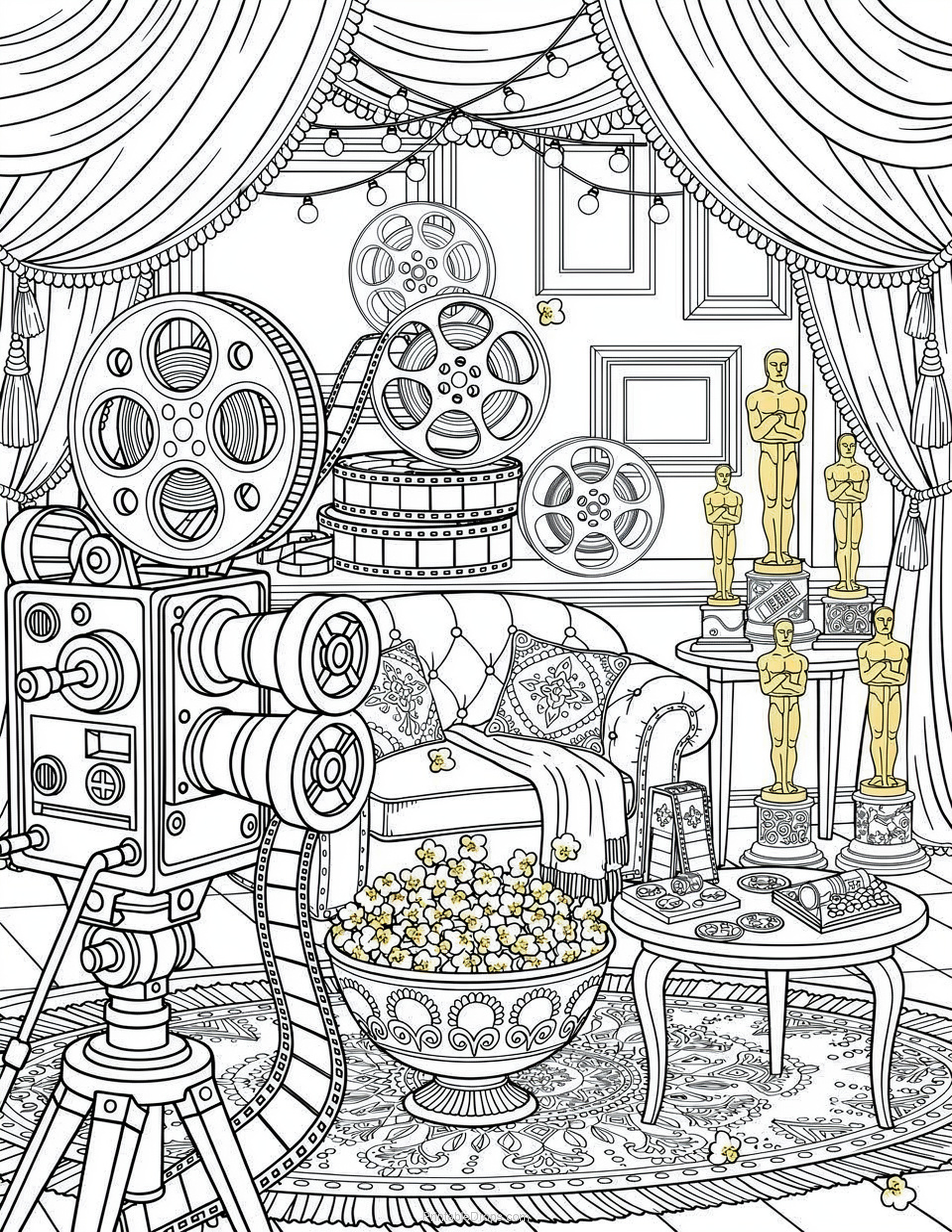 Cozy Oscar Movie Night coloring page for kids and adults