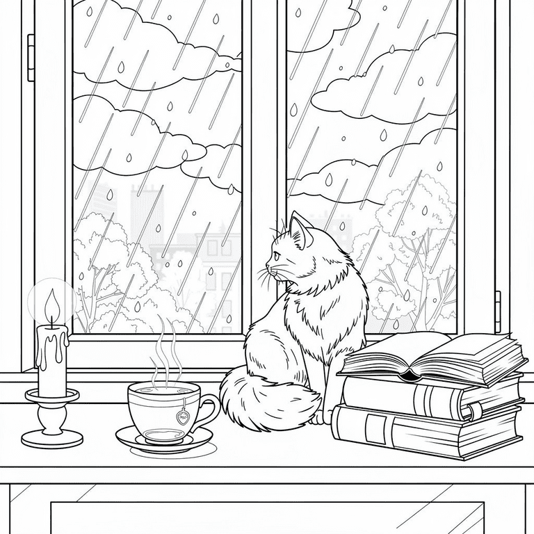 Cozy Window Seat coloring page for kids and adults
