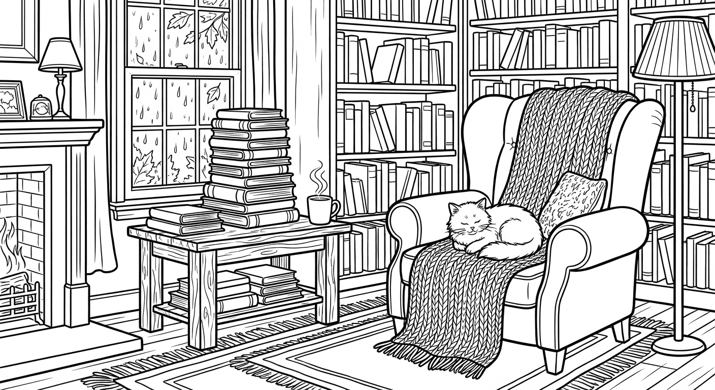 Cozy Reading Nook coloring page for kids and adults