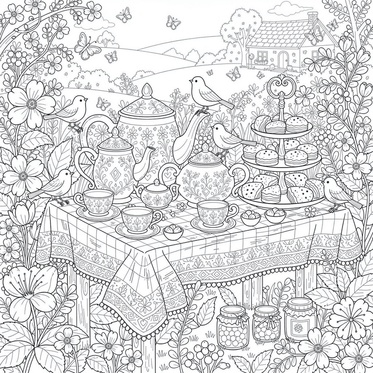 Cozy Tea Party coloring page for kids and adults