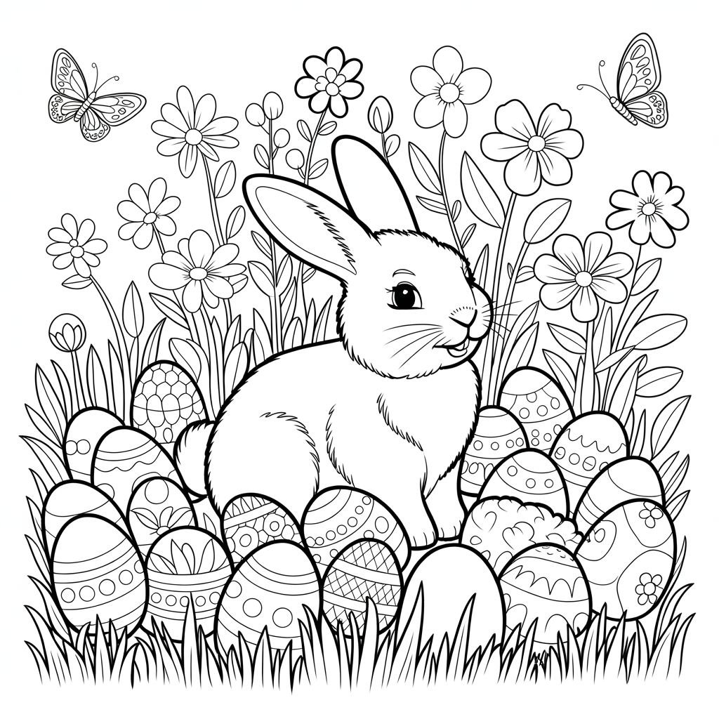 Easter Bunny in Garden coloring page for kids and adults
