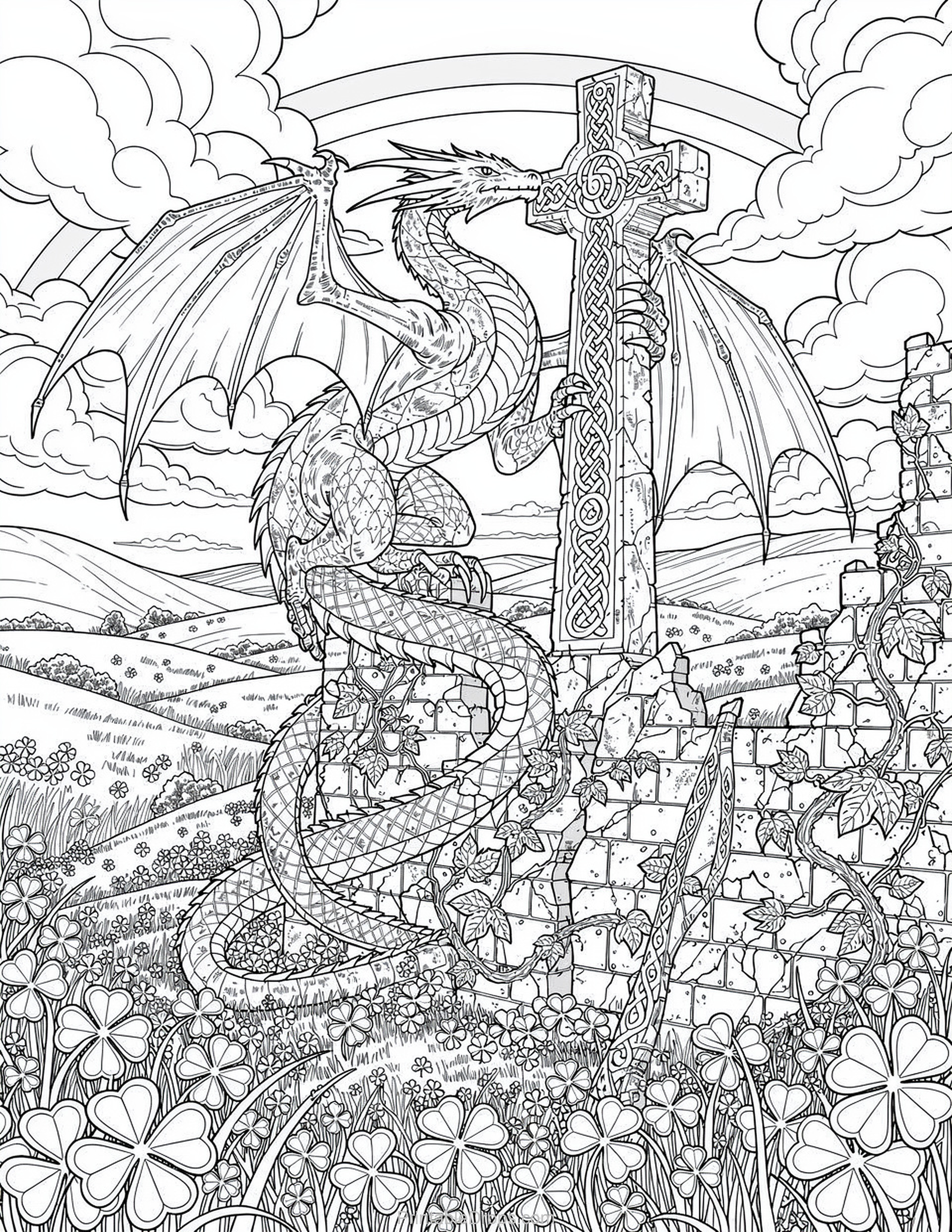 Fantasy Celtic Dragon Shamrock coloring page for kids and adults