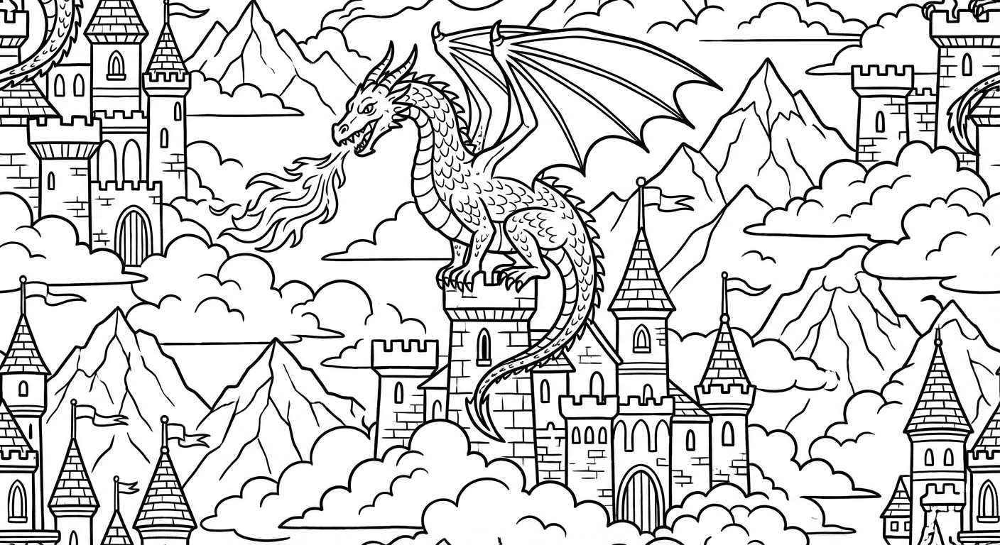 Fantasy Dragon Castle coloring page for kids and adults