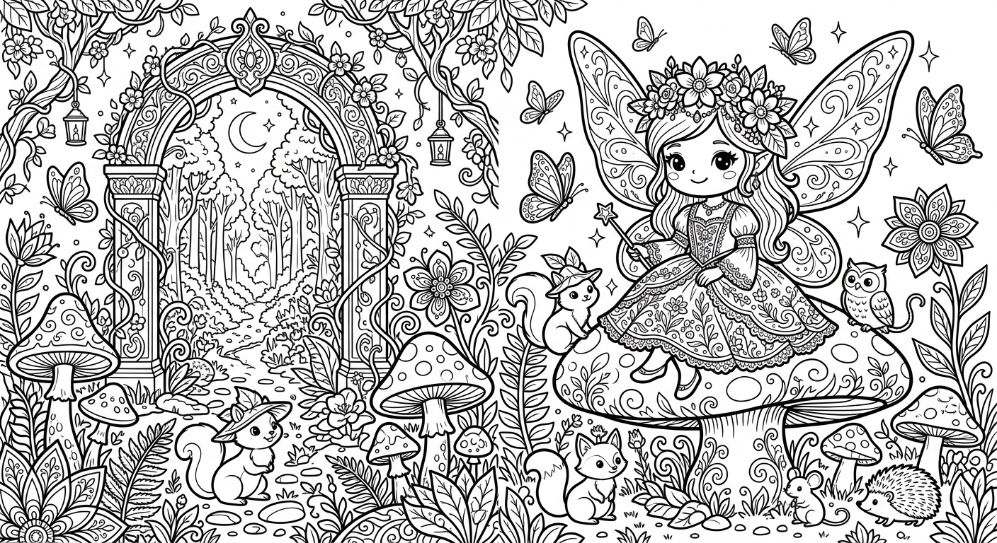 Fantasy Fairy Garden coloring page for kids and adults