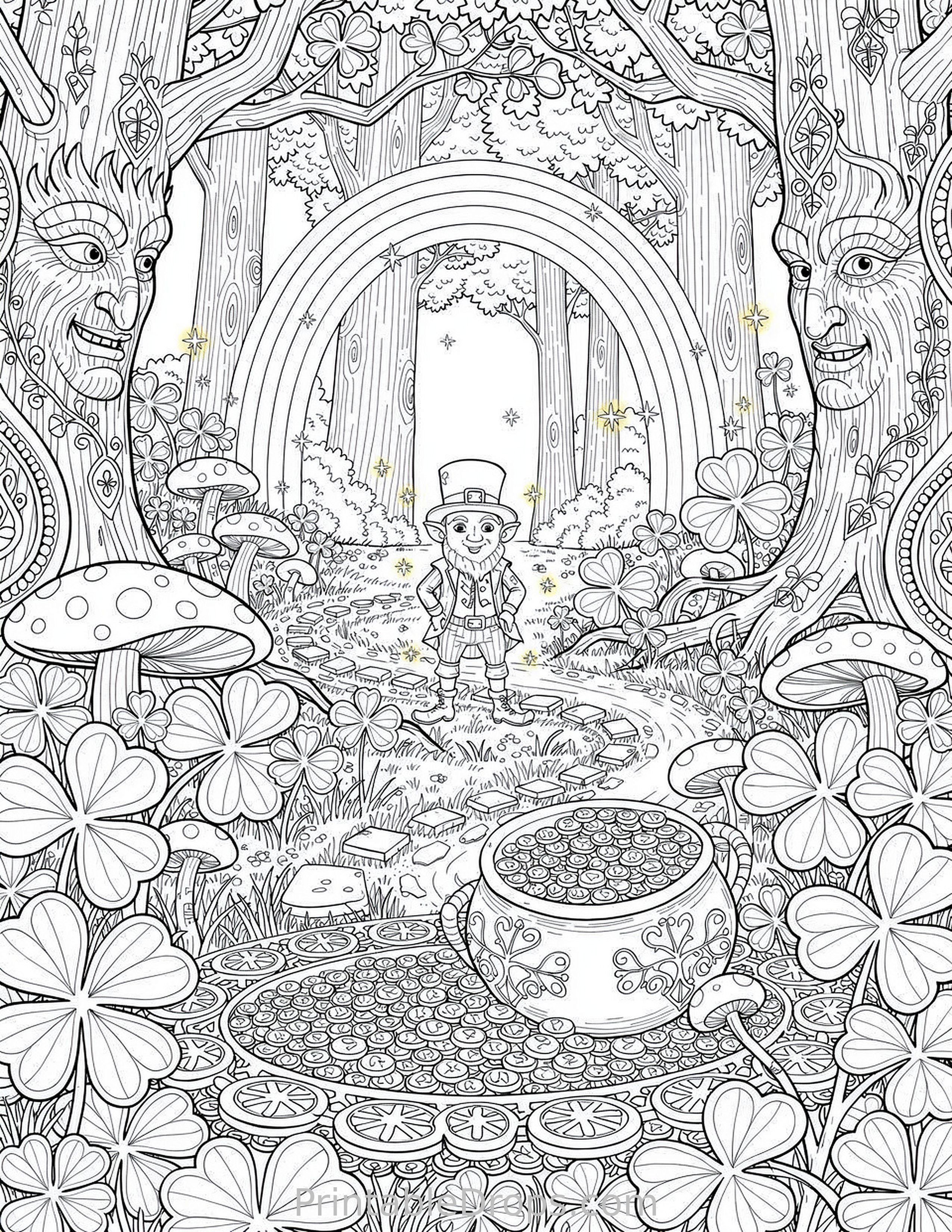 Fantasy Elf Forest coloring page for kids and adults