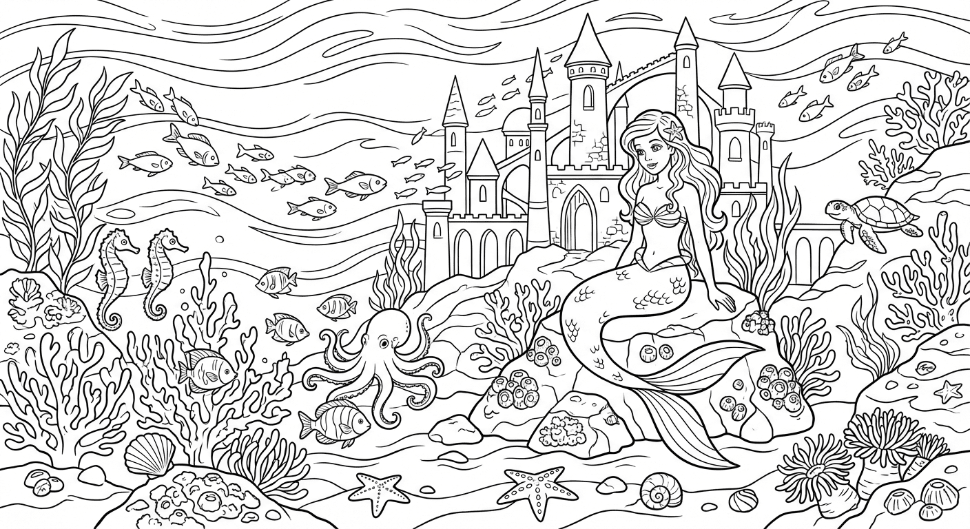 Fantasy Mermaid Ocean coloring page for kids and adults