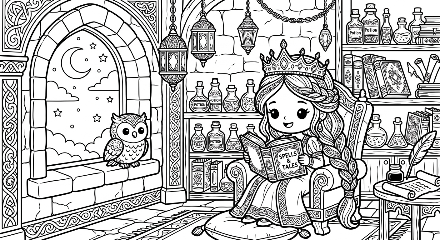 Fantasy Princess Tower coloring page for kids and adults
