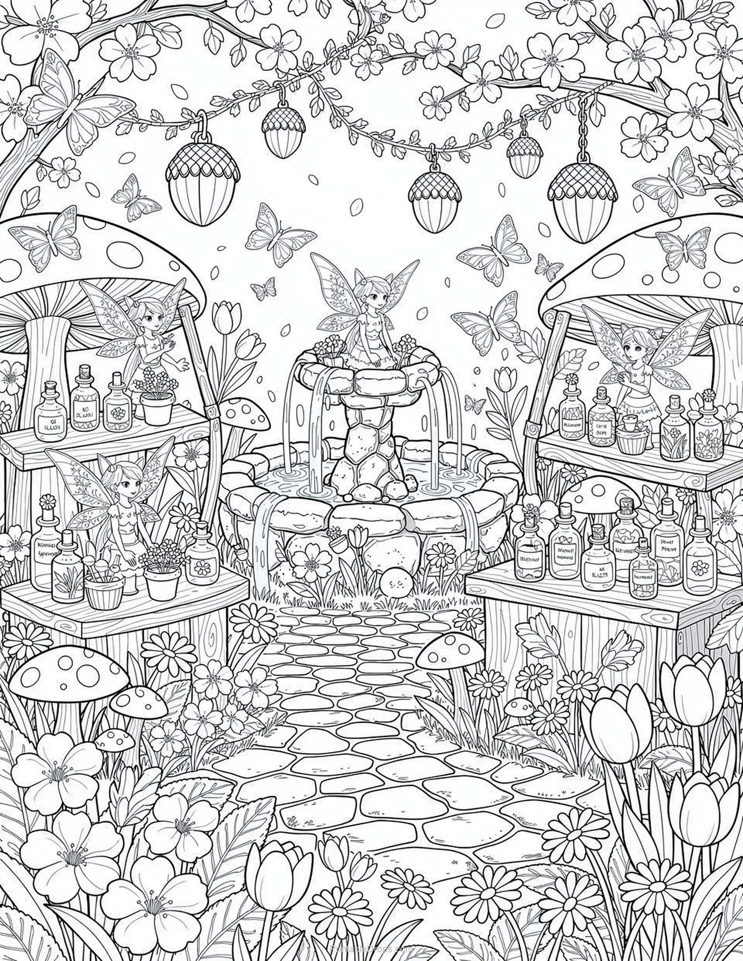 Fantasy Spring Fairy Market coloring page for kids and adults