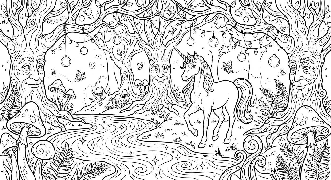 Fantasy Unicorn Forest coloring page for kids and adults