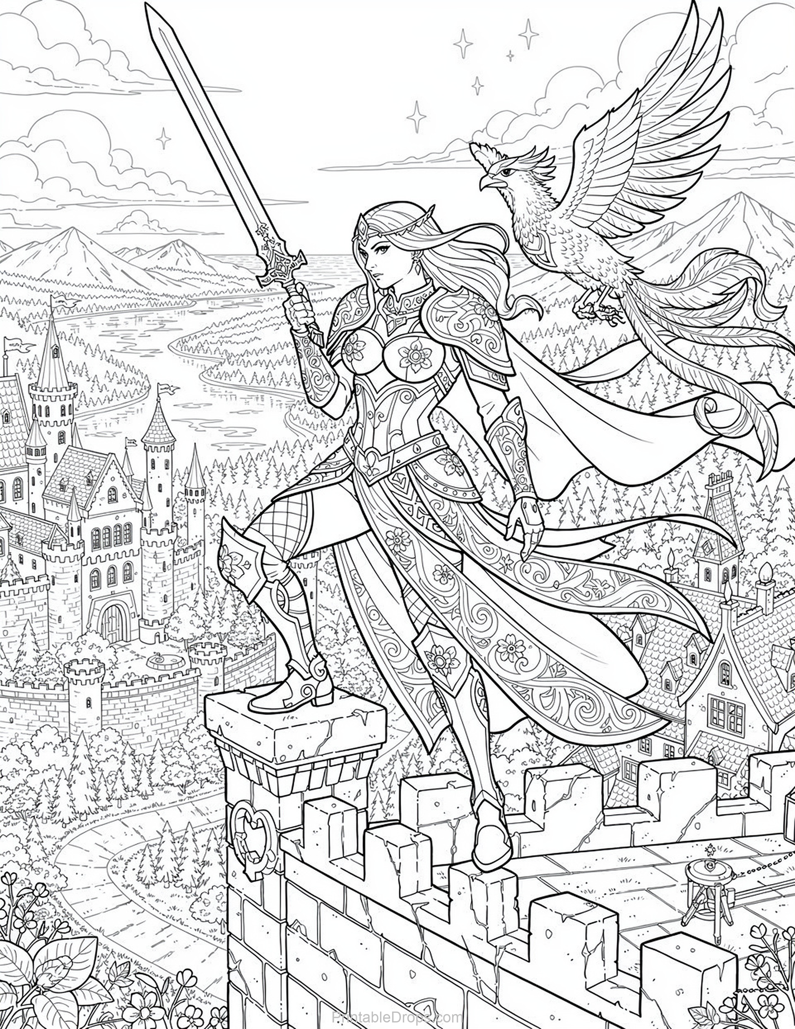 Fantasy Warrior Queen coloring page for kids and adults