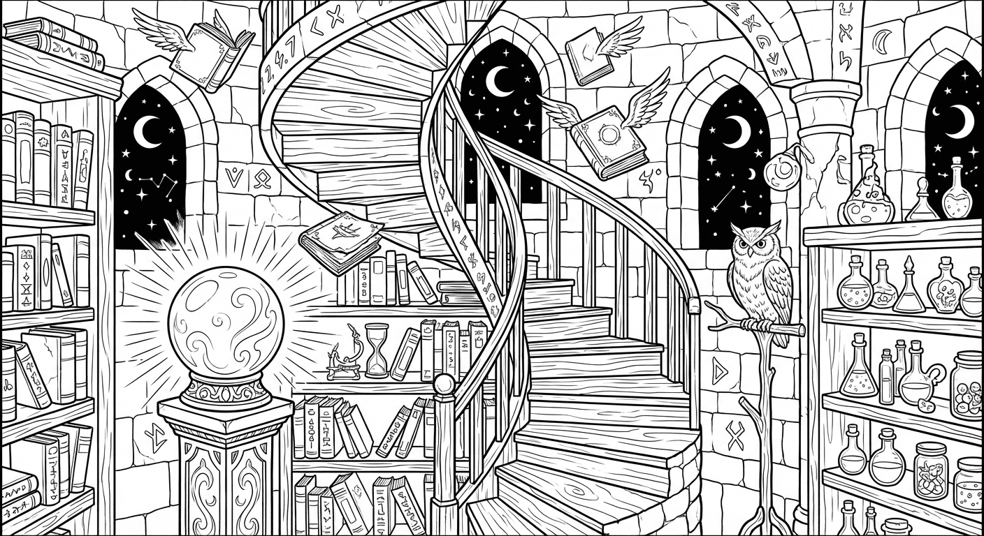 Fantasy Wizard Tower coloring page for kids and adults